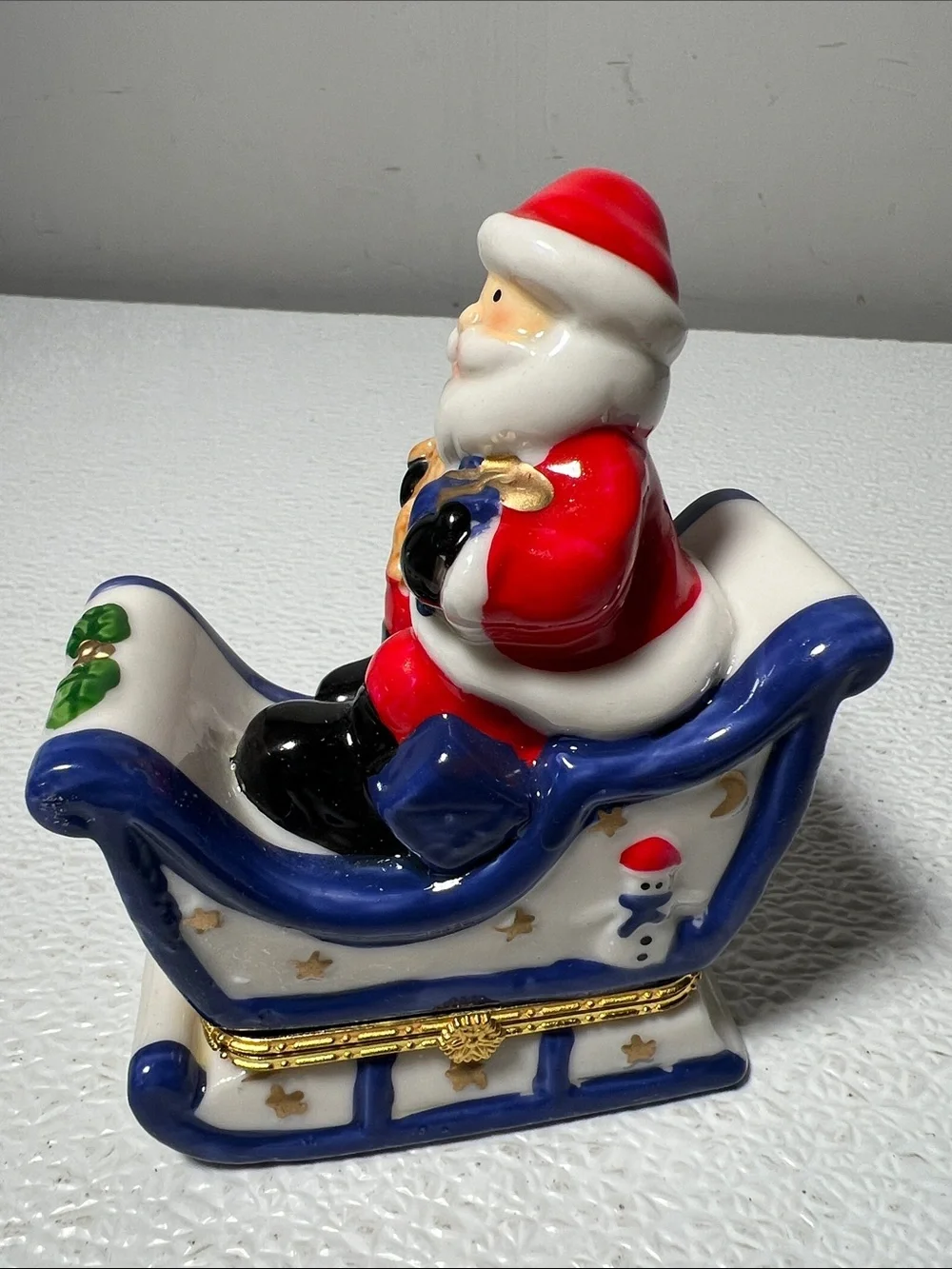 Festive Red Santa in Sleigh Ceramic Figurine Trinket Box